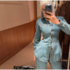Women's Denim Lace Up Jacket Lapel Neck Waist Cinching Button Front Long Sleeve Coat Spring Femlae Casual Daily Outerwear