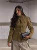Women Khaki Cargo Two‑Piece Outfit Stand Collar Gold Button Slim Jacket High Waist Shorts Autumn Vintage Street Matching Set