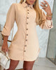 Women's Long Sleeve Button Down Shirt Dress with Turn Down Collar and Side Drawstring Mini Dress