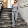 Elegant Woolen Top Pants Women Sets Chic Long Sleeve Slash Neck Pleated Blouse Straight Trousers Autumn Winter Lady Suit