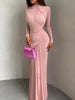 Folds Maxi Dress Women o-Neck Full Sleeve Solid Banquet Elegant Vacation Autumn Skinny Casual Simple Vestidos