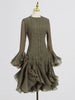 Women's Irregular Pleated Patchwork Long Flare Sleeve Waist Cinching Midi Dresses Female Clothing