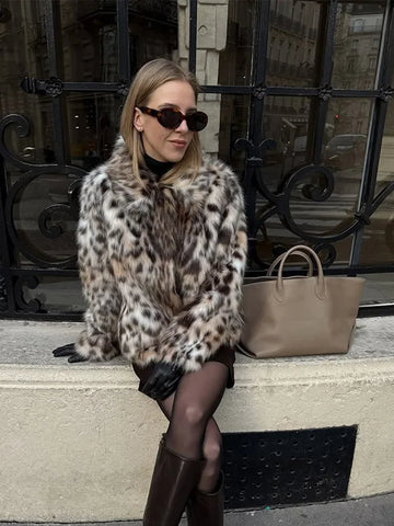 Lady Leopard Print Lapel Fur Coat Women Elegant Single Breasted Loose Jacket Daily Commuting Office Outerwear