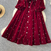 Women Rhinestone Lace Up Dresses Velvet Solid Dress A Line Lantern Sleeve Ankle Lenth Single Breasted Casual Elegant Autumn