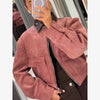 PU Leather Collar Corduroy Coat Elegant Long Sleeve Zipper Women's Cropped Jacket Spring Lady Outerwear Street