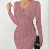 Women's V-Neck Long Sleeve Bodycon Dress - Ribbed Knit Mini Dress with Button Detail Sexy Wrap Style for Party & Night Out