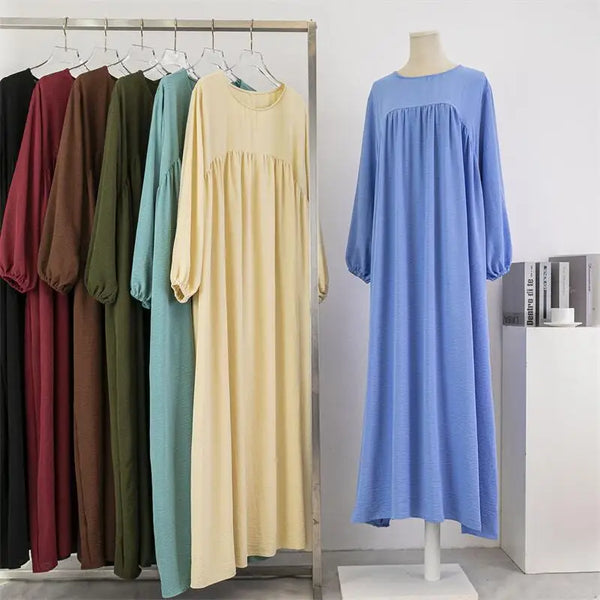 Spring Autumn Muslim Dress Women Loose Maxi Dresses Female Full Sleeve Casual Solid Pockets Robe Long Dresses Vestidoes
