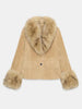 Women Vintage Floral Jacquard Faux Fur Trim Jacket V Neck Single Button Furry Cuff Cropped Coats Vintage Winter Warm Party Coat