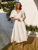 100% Cotton V-neck Waist Cinched Dress Unique Lantern Sleeve Sexy Slit Long Skirt Women's Casual Dresses