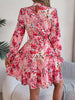 Elegant Mock Neck Belted Ruffle Hem Floral Print Dress For Spring & Fall, Women's Clothing