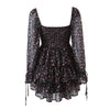 Women Sexy Cross Bandage Black Flower Print Puff Long Sleeve Dress 3 Layer Wood Ears Ruffles Hem Cake Mini Holiday Robe