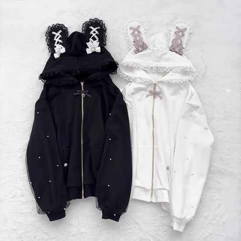 Kawaii Women Coats Jirai Kei Lolita Y2K Cute Japanese Style Jacket Sweet Pearl Rabbit's Ears Bow Hoodies Elegant Casual Top