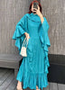 Ruffle Sleeves Pleated Dress For Women Lapel Solid Color Maxi Style Loose Elegant Clothing Spring 2DA2766