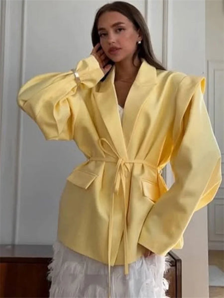 Elegant Commute Suit jacket Female Lace-Up Loose Pocket Patchwork Lapel Party Looks Outwear For Women Bandage Coat jacket