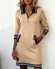 Autumn Winter Versatile Women's Dress Casual Contrasting Color Splicing Lapel Long-sleeved Loose Dress With Pockets
