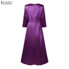 Womens Elegant Satin Silk Party Dresses O-Neck 3/4 Sleeve A-Line Long Pleated Dress Solid Color Guest Evening Robe Femme