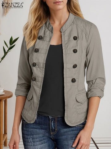 Autumn Casual Lightweight Jackets Women Mandarin Collar Long Sleeve Open-Front Outerwear Commuting Solid Cardigan Coats