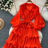High End Party Ruffles Runway Dresses Women Lantern Sleeve Lace-up Loose Stretch Celebrity Beautiful Long Dress