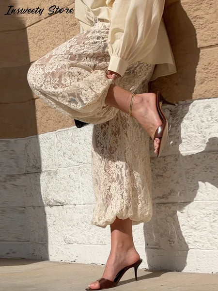 Loose Fit Lace Pants Women's Elastic High Waist Lounge Trousers Spring Lady Bohemian Casual Bottoms