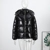 Solid Glossy Zipper Hooded Coats Women's Warm Elastic Waist Pleated Short Cotton Jacket Winter Lady High Street Outwear