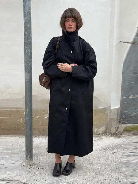 Street Solid Stand Collar Long Women's Trench Coat Loose Full Sleeved Single Breasted Pocket Windbreaker Autumn Lady Coats
