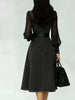 Women Denim Midi Dress Sheer Mesh Long Sleeve Stand Collar Belted A-Line Elegant Casual Office Party Dress
