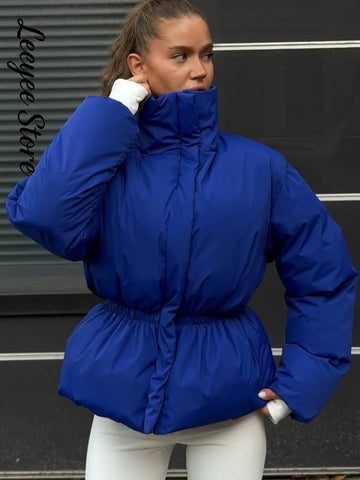 Women High Stand Collar Solid Puffer Jacket Elastic Cinched Waist Peplum Hem Zip Back Thick Padded Coat Warm Winter Street Coats