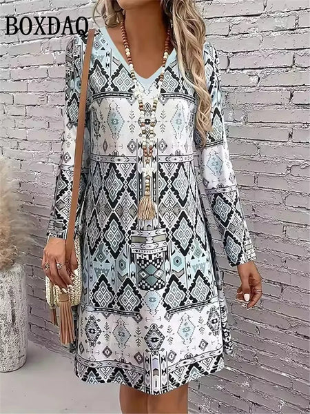 Woman Casual Geometry Pattern 3D Print Dresses Autumn Winter Female Ethnic Style Retro Loose Dress Ladies Long Sleeve Dress