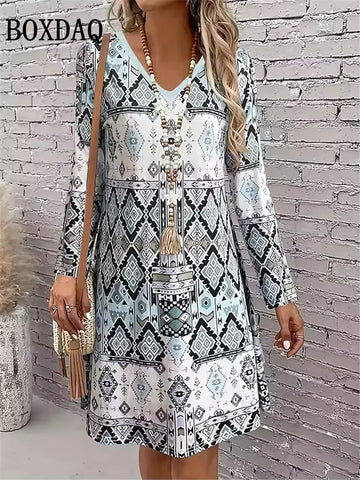 Woman Casual Geometry Pattern 3D Print Dresses Autumn Winter Female Ethnic Style Retro Loose Dress Ladies Long Sleeve Dress