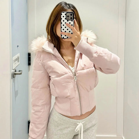 Women's Cotton Jacket Fur Collar Zipper Slim Waist Pocket Warm Thicken Coat Autumn Winter Hooded Jacket Lady Outwears