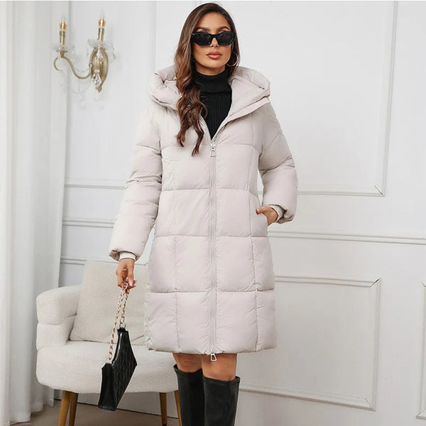 Winter Women's Long Coat Windproof Warm Padded-Cotton Coat Simple Loose Hooded Parkas Plaid Quilted Jackets for Woman