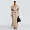 Women Oversized Lapel Woolen Long Coat Double Breasted Slim Waist Maxi Overcoat Elegant Autumn Winter Street Daily Outerwear