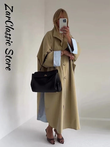 Elegant Khaki Women's Trench Coat Autumn High Neck Full Sleeve Loose Split Long Windbreaker Lady Casual Chic Jacket
