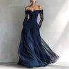 Sexy Navy Blue Tulle Evening Dress Off the Shoulder Full Sleeves A-Line Pleated Prom Gowns Women's Party Gown Dresses