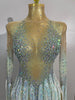 Sexy Sparkly Rhinestone Tassel Long Sleeves Mesh See Through Mini Dress Women Latin Dance Nightclub Party Club Stage Wear