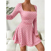 Autumn Polka Dot Print Square Neck Long Sleeve Women's Dress Waist Cinched A-Line Mini Skirt Length Sexy