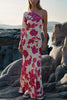 Rose Printed Satin Dress Womens Elegant High Waist Boho Maxi Dress Sexy One Shoulder Long Sleeve Women Party Dresses