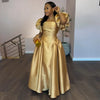 Elegant Dress for Women's Puff Sleeve Square Collar Gold Solid Pleated A-line Evening Party Cocktail Maxi Dresses