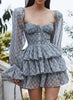 Women Sexy Cross Bandage Black Flower Print Puff Long Sleeve Dress 3 Layer Wood Ears Ruffles Hem Cake Mini Holiday Robe