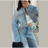 Denim Rhinestone Jacket Jeans Suits Women Single Breasted Lapel Short Coat Straight Pants Female Sets Autumn Street Casual
