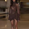 High Collar Draped Ruffle Mini Dress Elegant Hight Waist Solid Color Short Dress Casual Long Sleeve Women's Party Dress