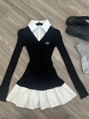 American Vintage Shirt Long Sleeve Mini Dresses Women Clothing Slim Fit Polo Neck Black Short Party Dress Korean Autumn