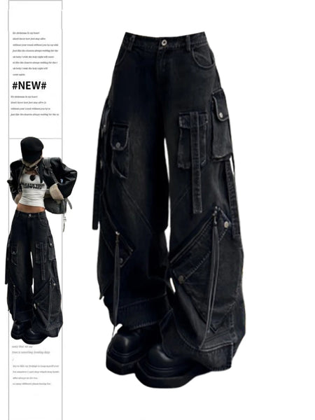 Women's Black Gothic Baggy Cargo Jeans Harajuku Oversize Denim Trousers Y2k 90s Vintage 2000s Emo Jean Pants Trashy Clothes