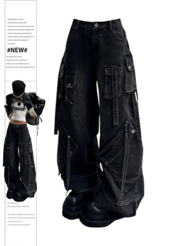 Women's Black Gothic Baggy Cargo Jeans Harajuku Oversize Denim Trousers Y2k 90s Vintage 2000s Emo Jean Pants Trashy Clothes