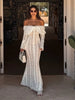 White Lace Patchwork Long Dress Women's Pleated Ruffle Sleeve Off shoulder bodycon See Through Vestidos Lady Party Gowns