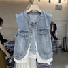 Spring Autumn lace Stitching Denim Vest Jacket Women's Korean Sleevele Waistcoat Cowboy Vest Coat Female Casual Ladies Tops