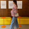 Chic Stripe Scarf Loose Sweater Women Autumnn Full Sleeve O-neck Single Breasted Knitted Coat Female Lady Cardigan