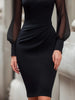 Women Mock Neck Mesh Long Sleeve Midi Dress Asymmetric Ruched Waist Slim Bodycon Elegant Wedding