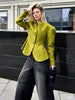 Women Elegant Peplum Blazer Olive Green Slim Fit Flared Hem Jacket Vintage Puff Sleeve Office Lady Coat