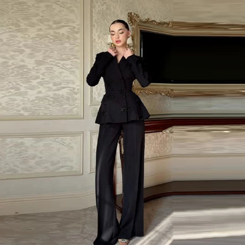 Black Blazer Jacket Pant Sets Chic Double Breasted Slim Waist Suit Coat Wide-leg Suit Trousers Spring Lady Party Outfits
